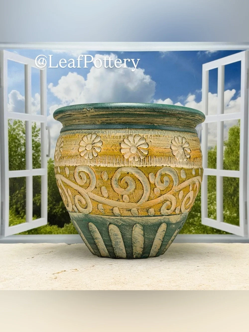Handcrafted Clay Planter Pot with Drainage Hole, Boho Green Yellow Floral